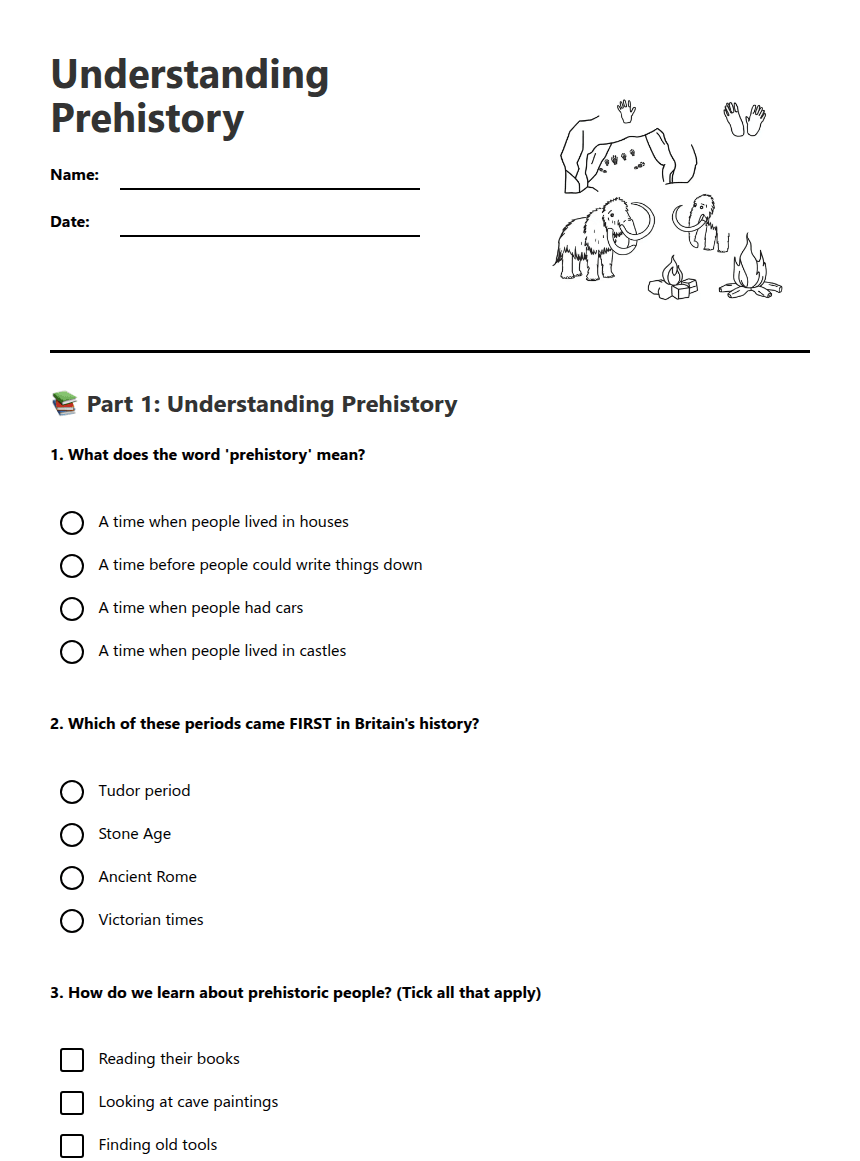 Understanding Prehistory worksheet preview