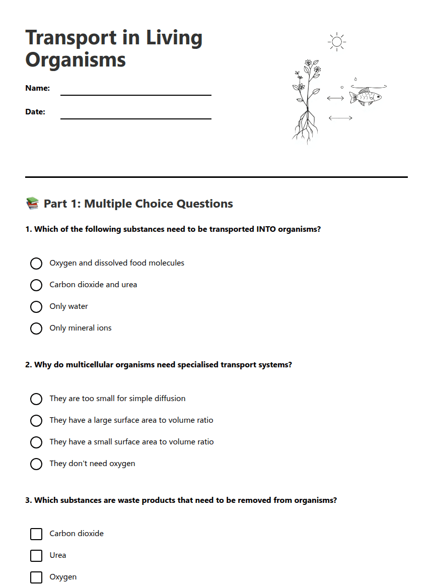 Transport in Living Organisms worksheet preview