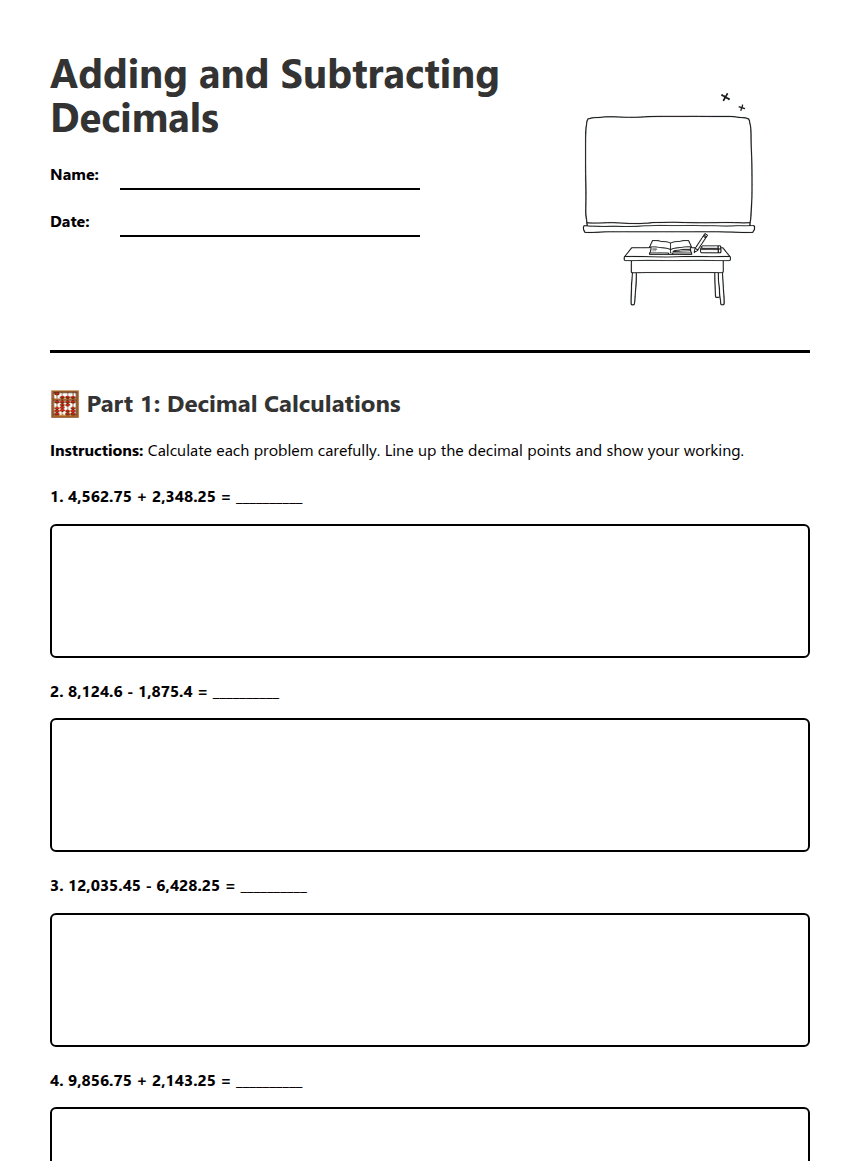 Adding and Subtracting Decimals worksheet preview