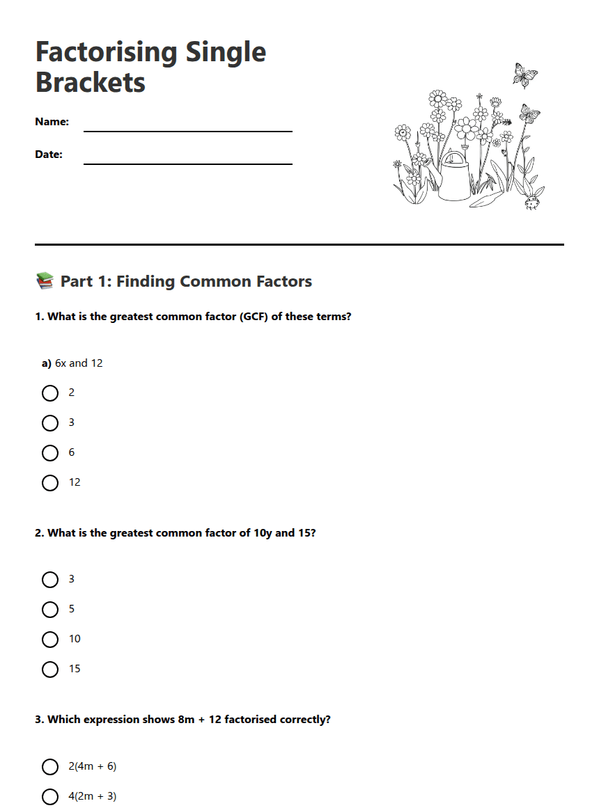 Factorising Single Brackets worksheet preview