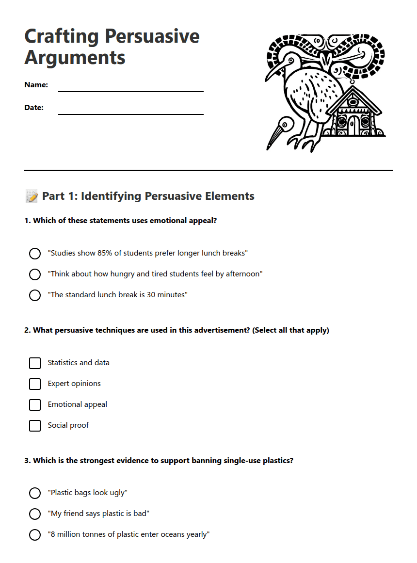 Crafting Persuasive Arguments worksheet preview