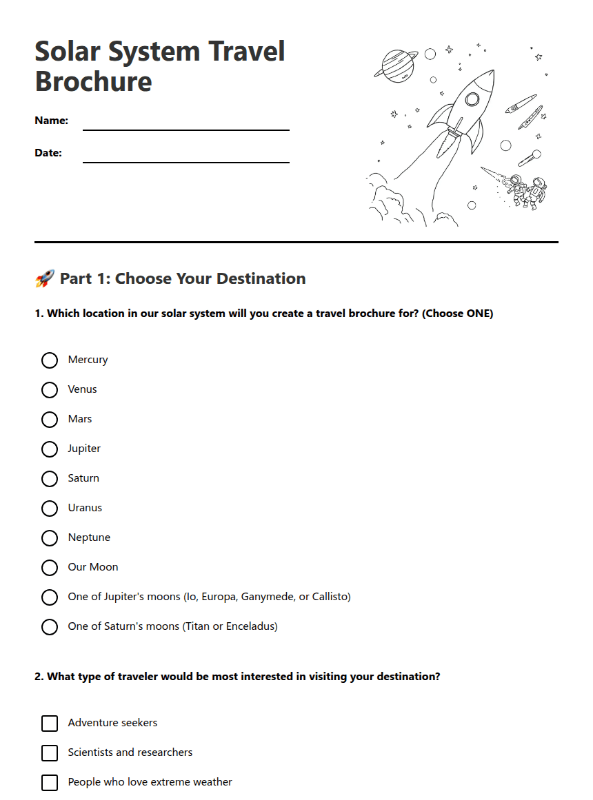 Solar System Travel Brochure worksheet preview