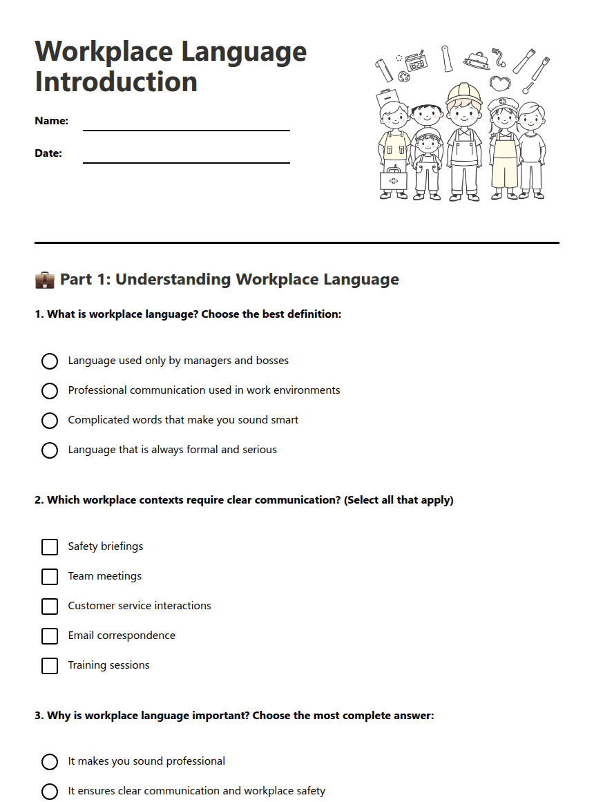 Workplace Language Introduction worksheet preview