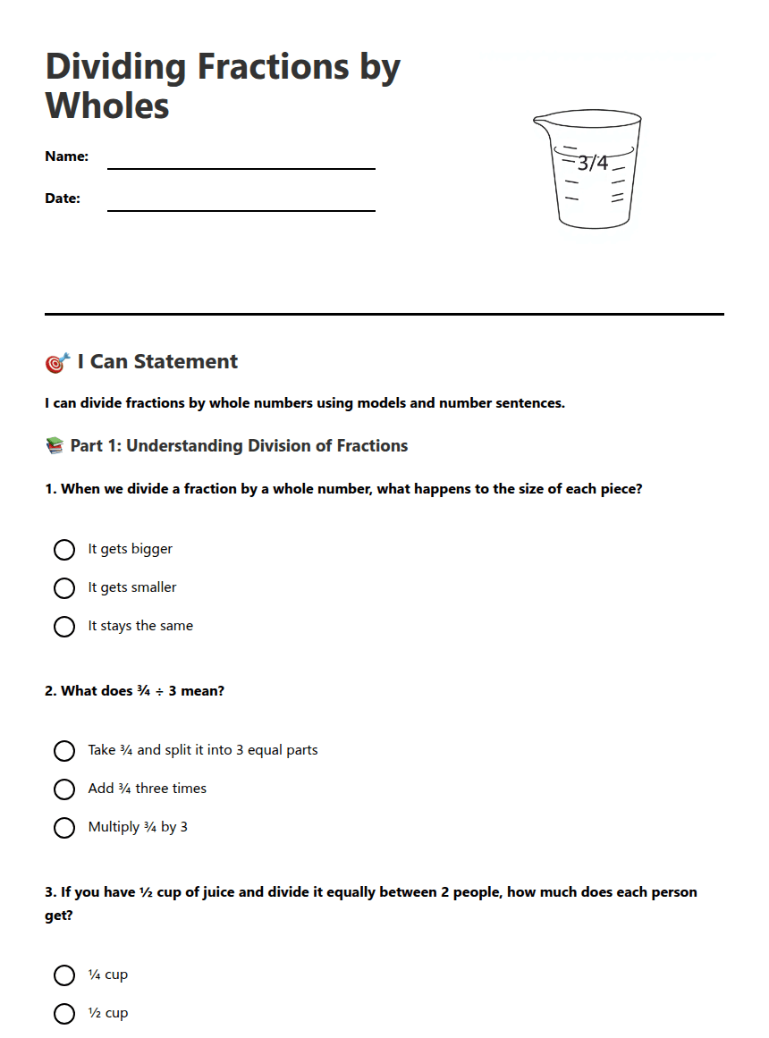 Dividing Fractions by Wholes worksheet preview