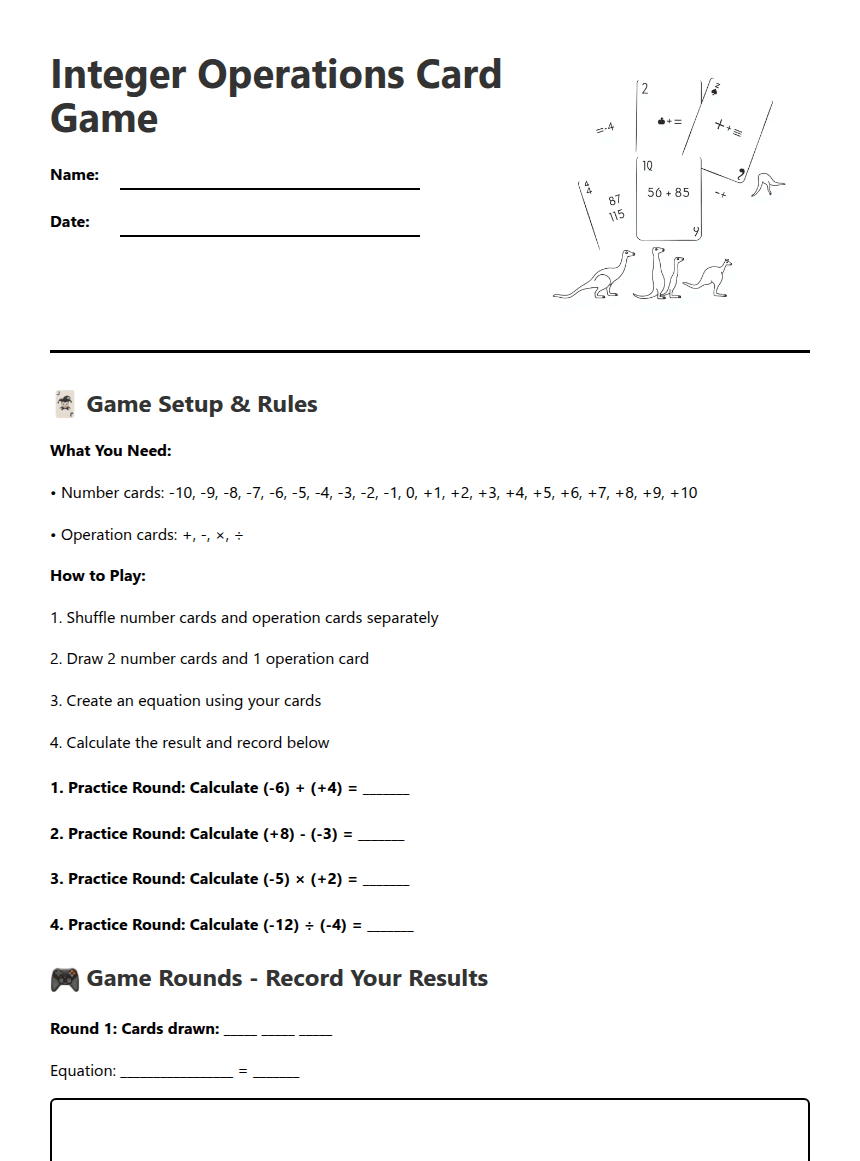 Integer Operations Card Game worksheet preview