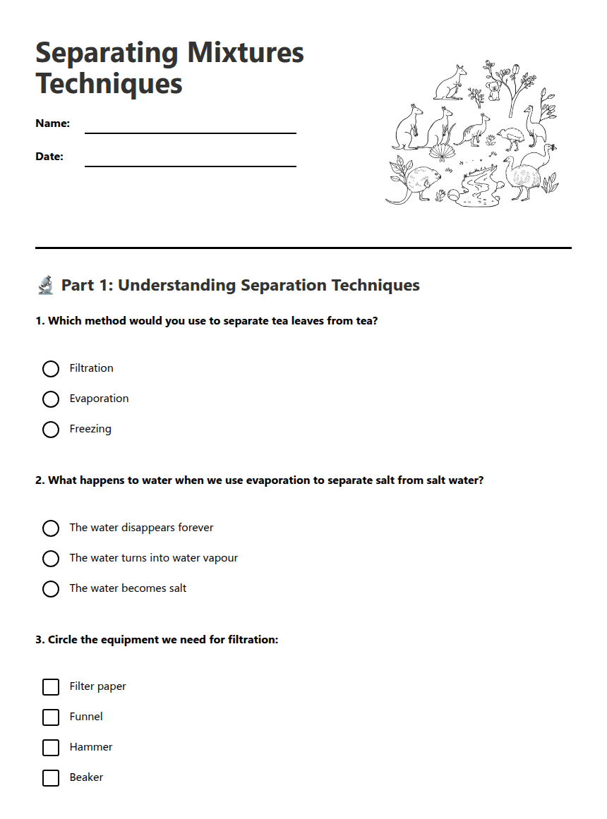 Separating Mixtures Techniques worksheet preview