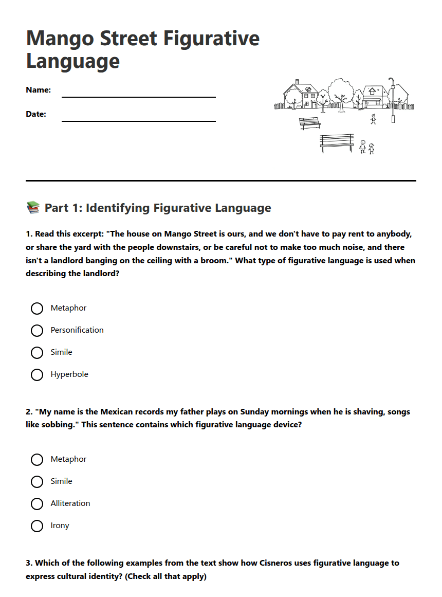 Mango Street Figurative Language worksheet preview