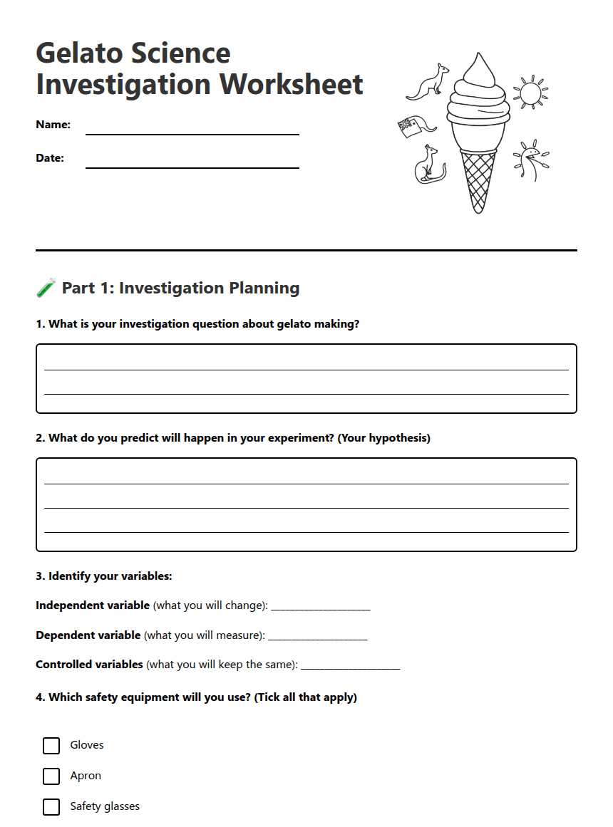Gelato Science Investigation Worksheet worksheet preview