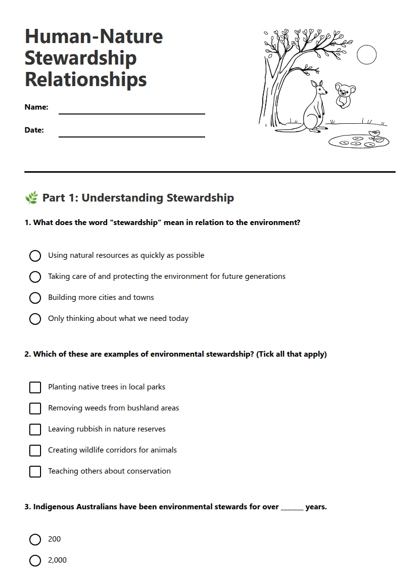 Human-Nature Stewardship Relationships worksheet preview