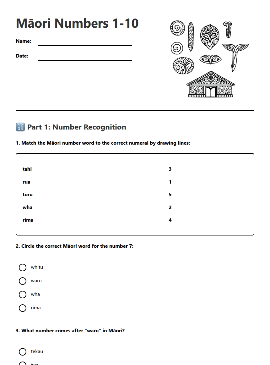 Māori Numbers 1-10 worksheet preview