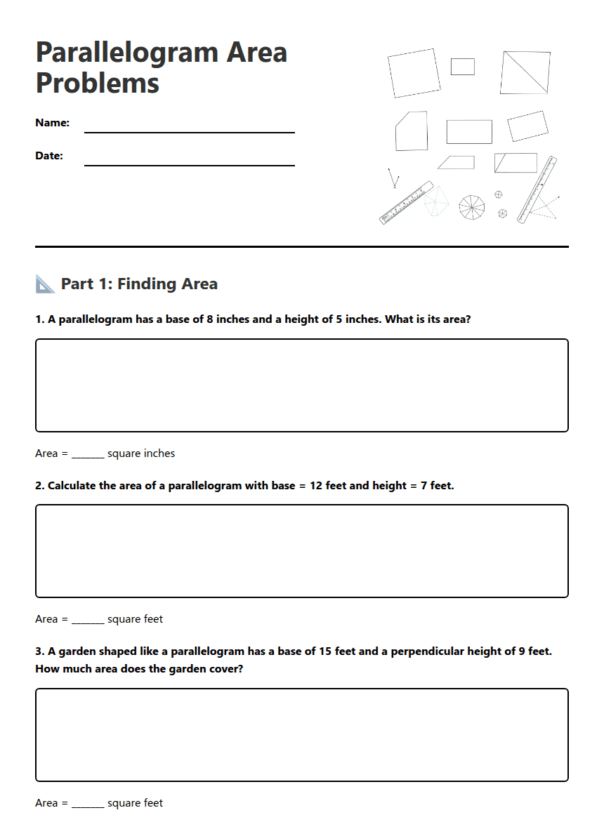 Parallelogram Area Problems worksheet preview