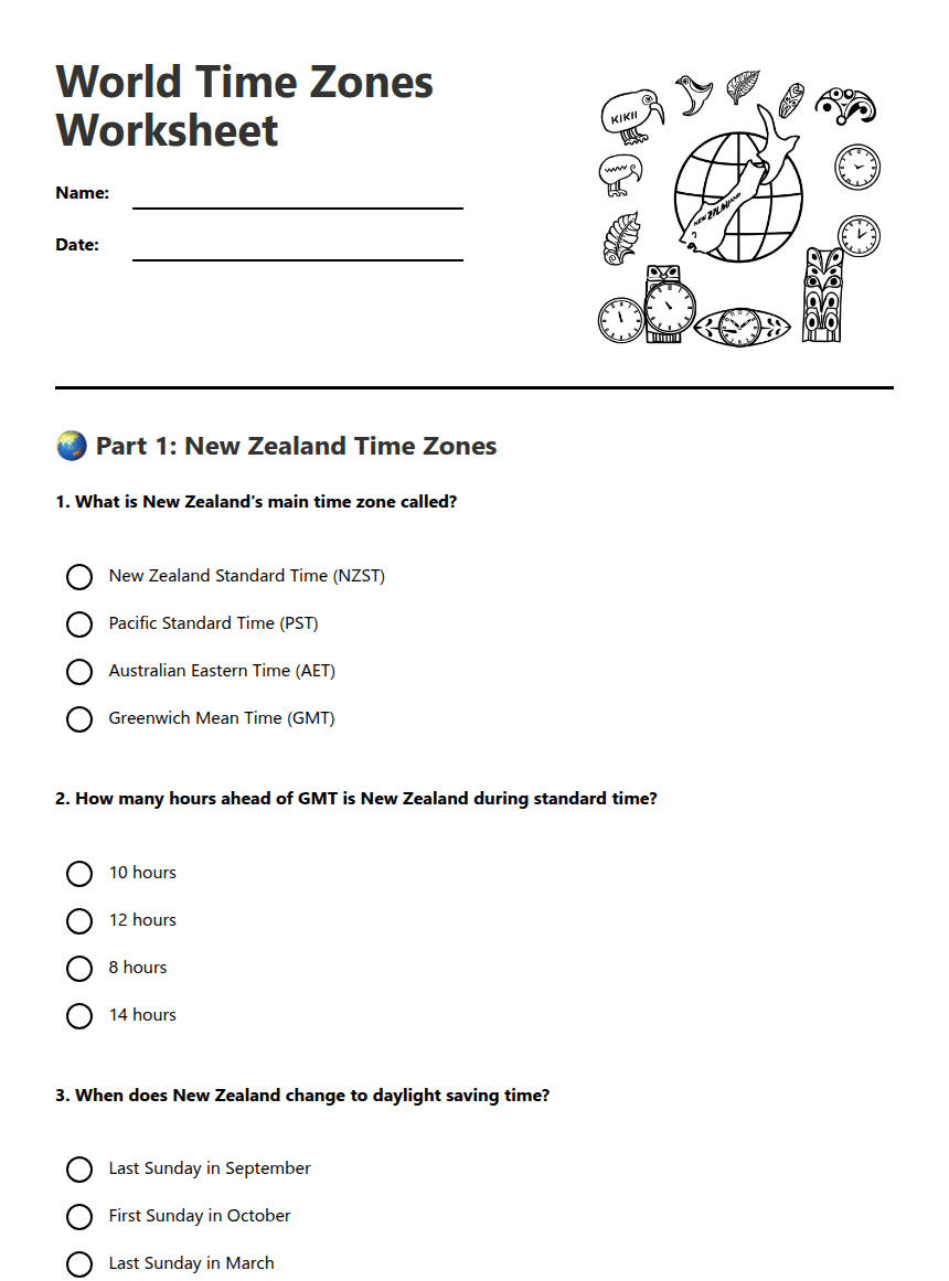 World Time Zones Worksheet worksheet preview