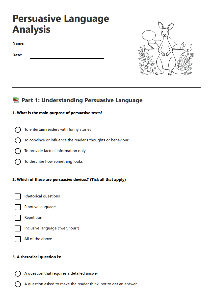 Persuasive Language Analysis worksheet preview
