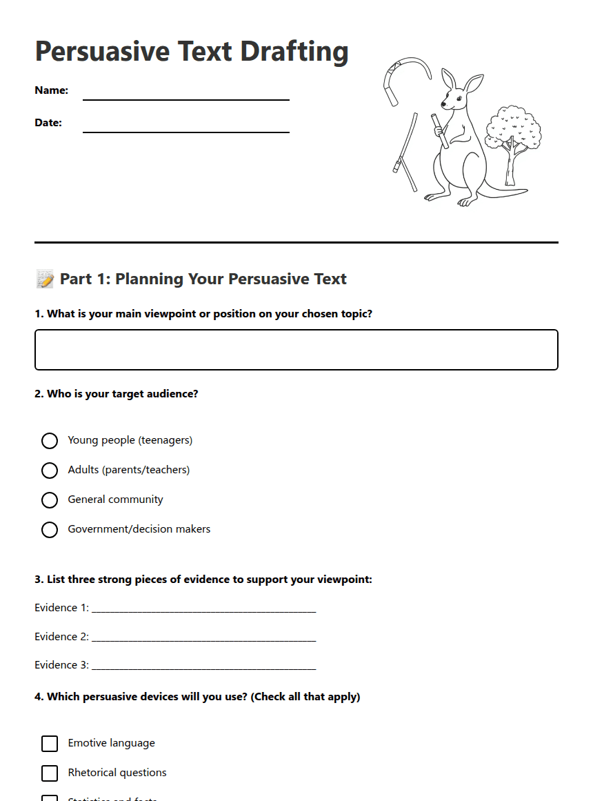 Persuasive Text Drafting worksheet preview