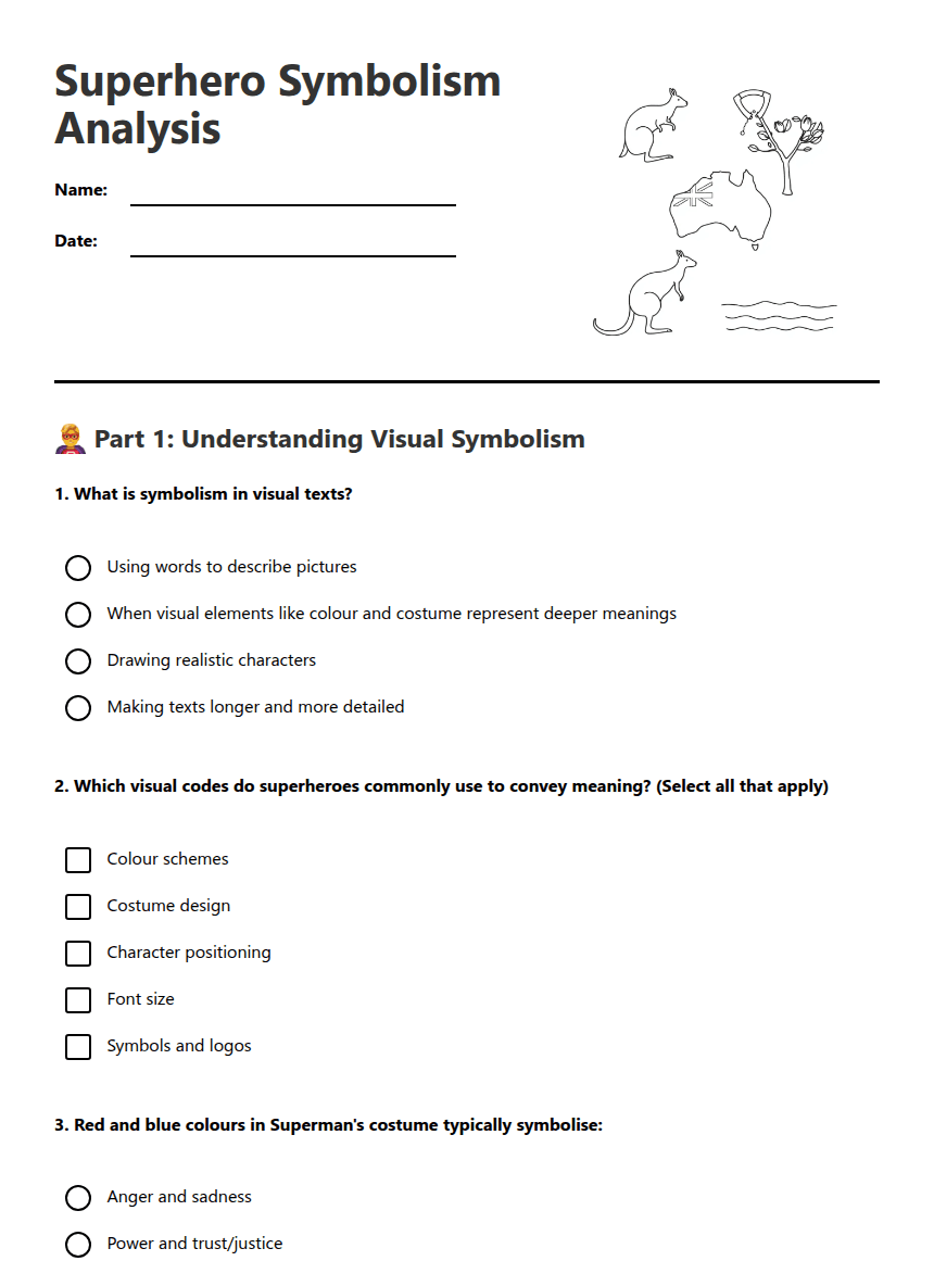 Superhero Symbolism Analysis worksheet preview