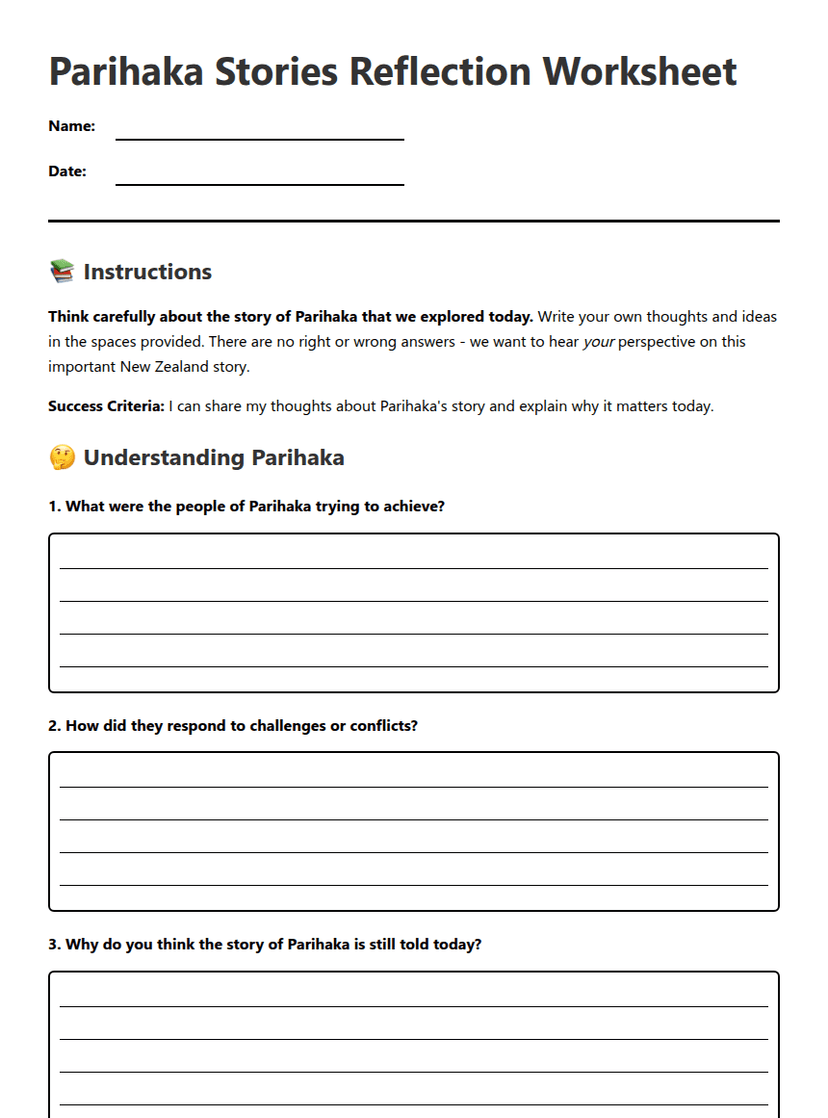 Parihaka Stories Reflection Worksheet