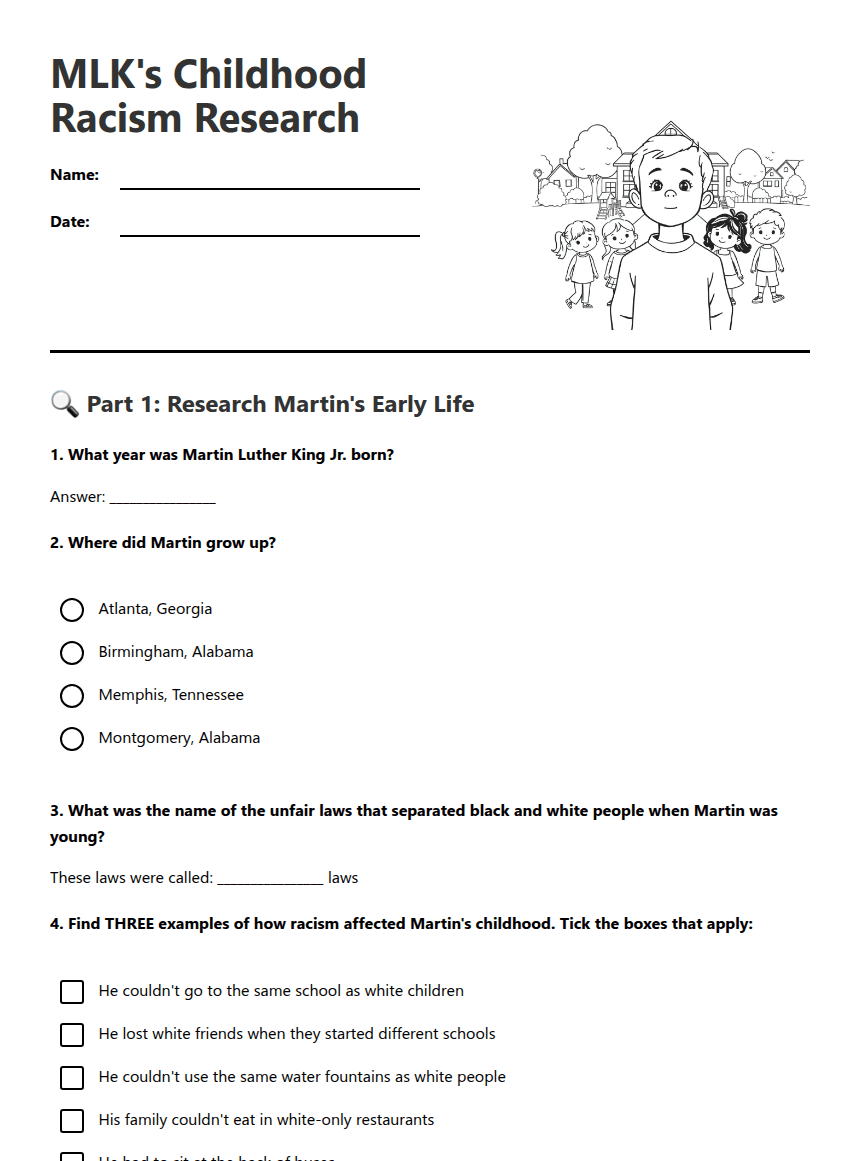 MLK's Childhood Racism Research worksheet preview