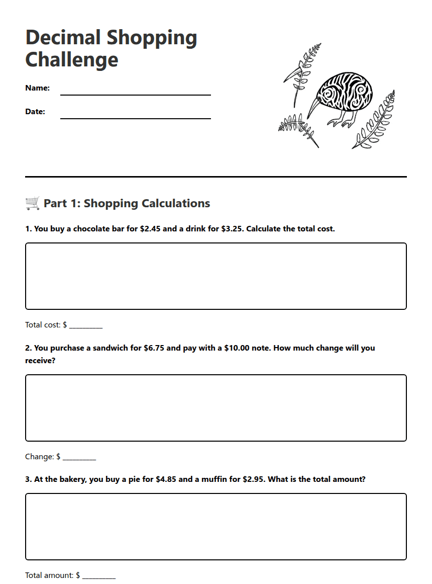 Decimal Shopping Challenge worksheet preview