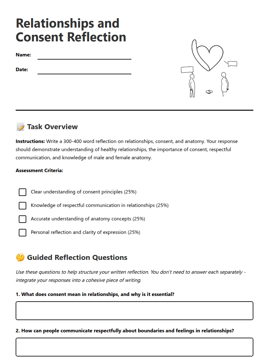 Relationships and Consent Reflection worksheet preview