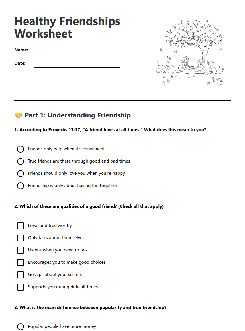 Healthy Friendships Worksheet worksheet preview
