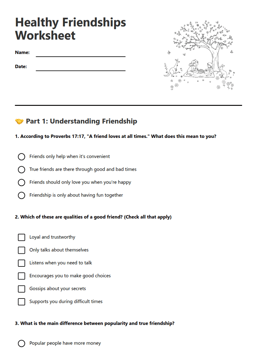 Healthy Friendships Worksheet