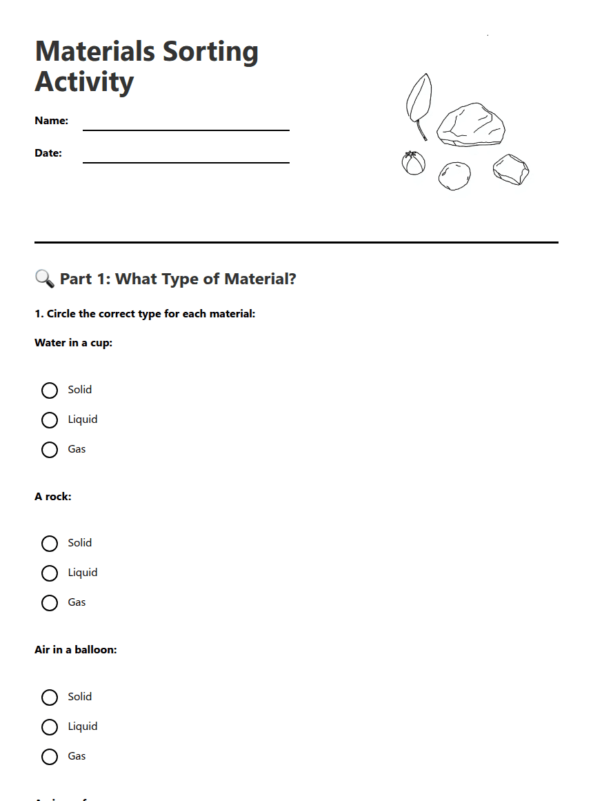 Materials Sorting Activity worksheet preview