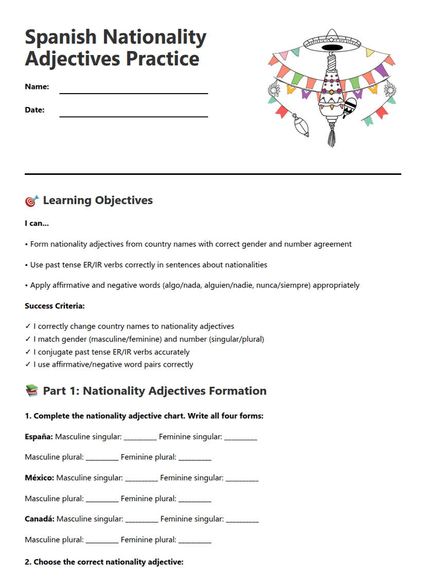 Spanish Nationality Adjectives Practice