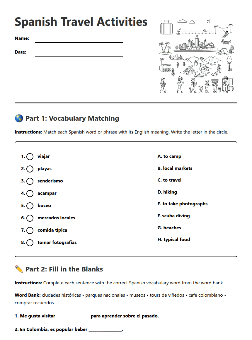 Spanish Travel Activities worksheet preview