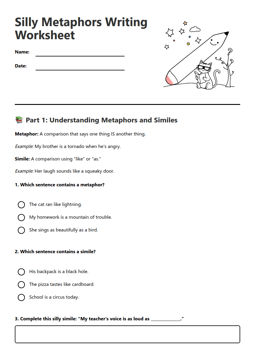 Silly Metaphors Writing Worksheet worksheet preview