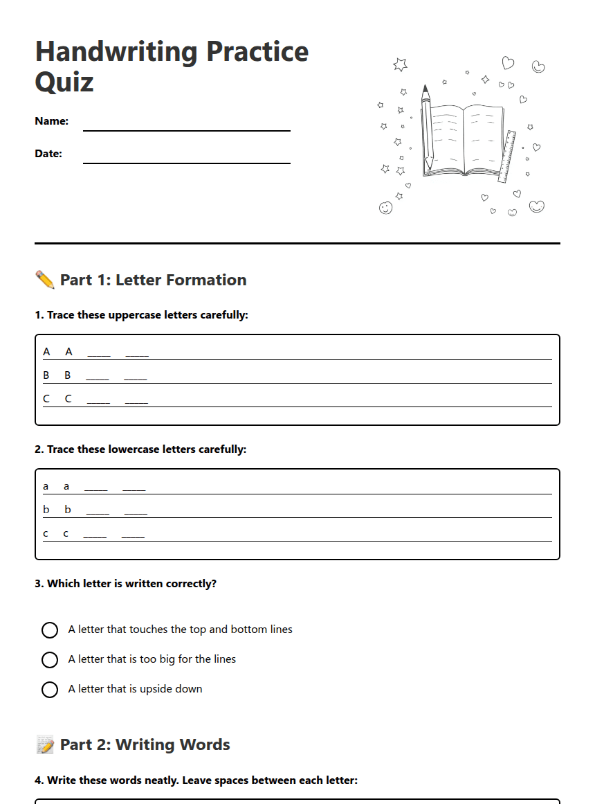 Handwriting Practice Quiz worksheet preview