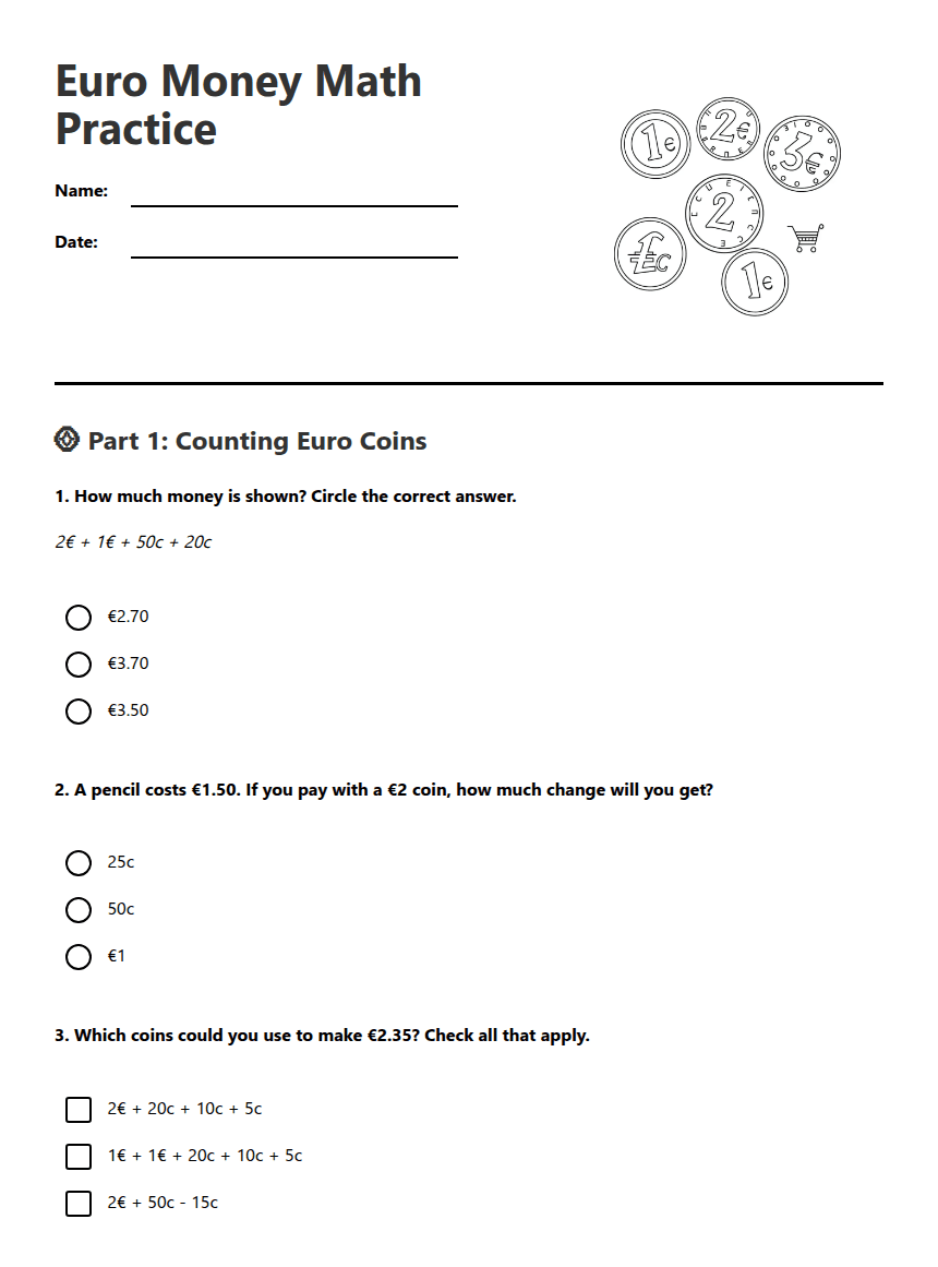 Euro Money Math Practice worksheet preview