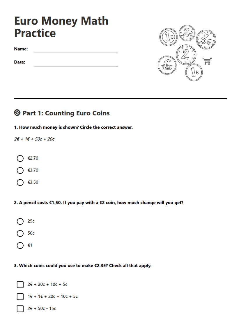Euro Money Math Practice