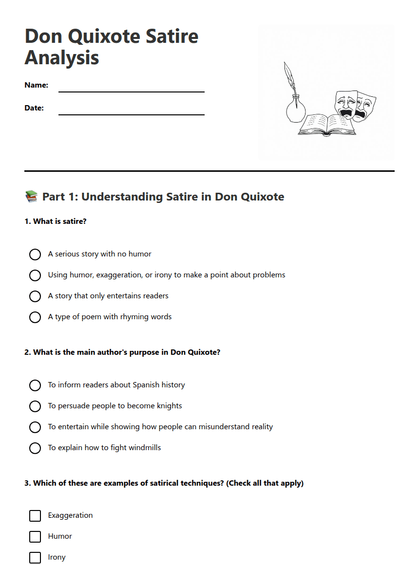Don Quixote Satire Analysis worksheet preview