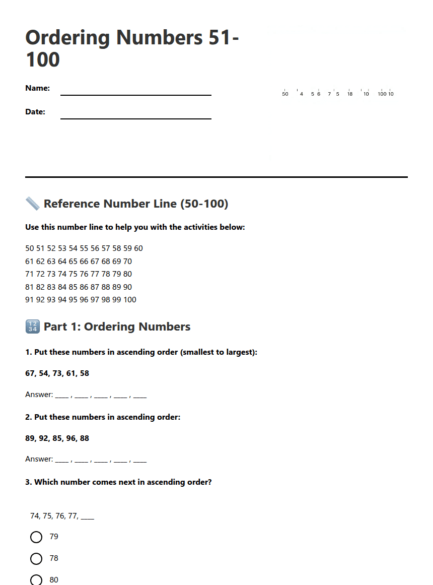 Ordering Numbers 51-100 worksheet preview