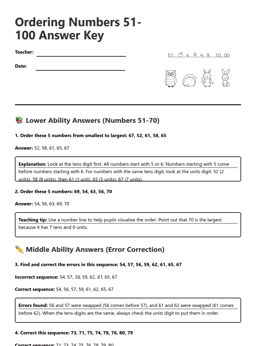 Ordering Numbers 51-100 Answers worksheet preview