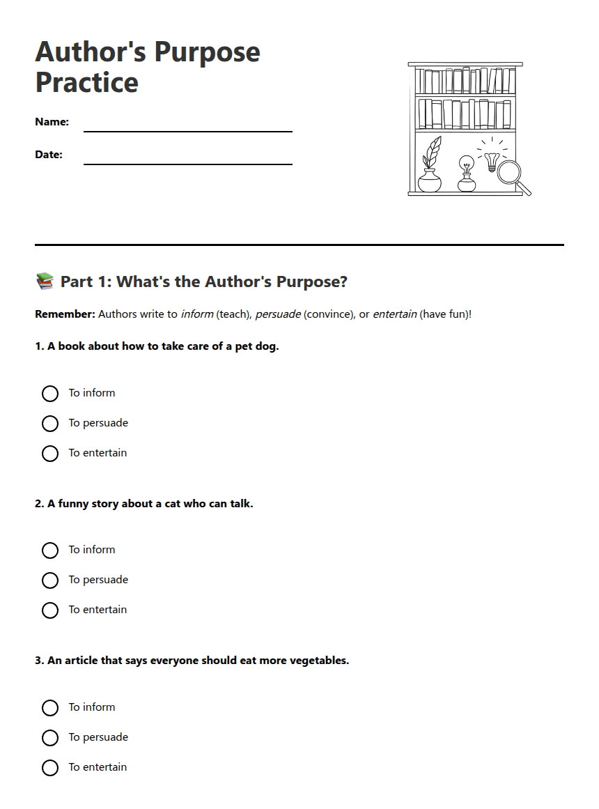 Author's Purpose Practice worksheet preview