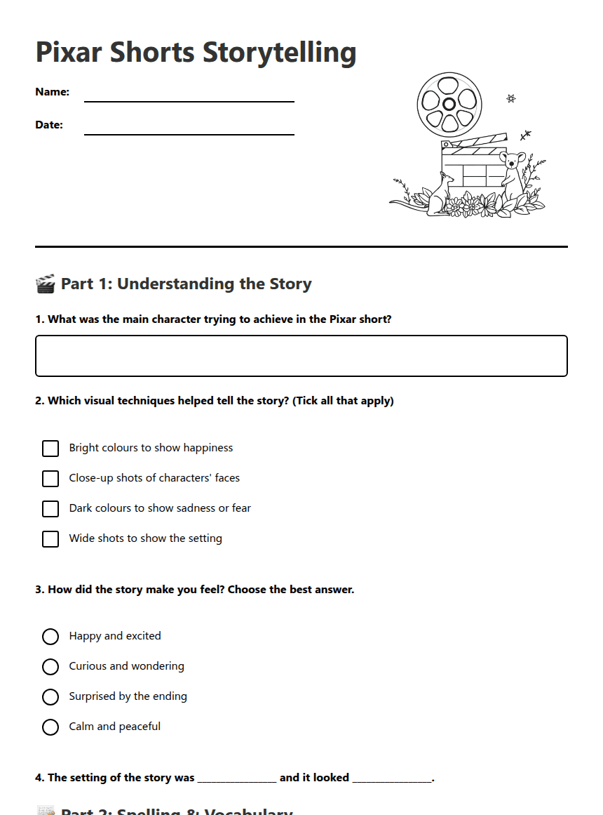 Pixar Shorts Storytelling worksheet preview