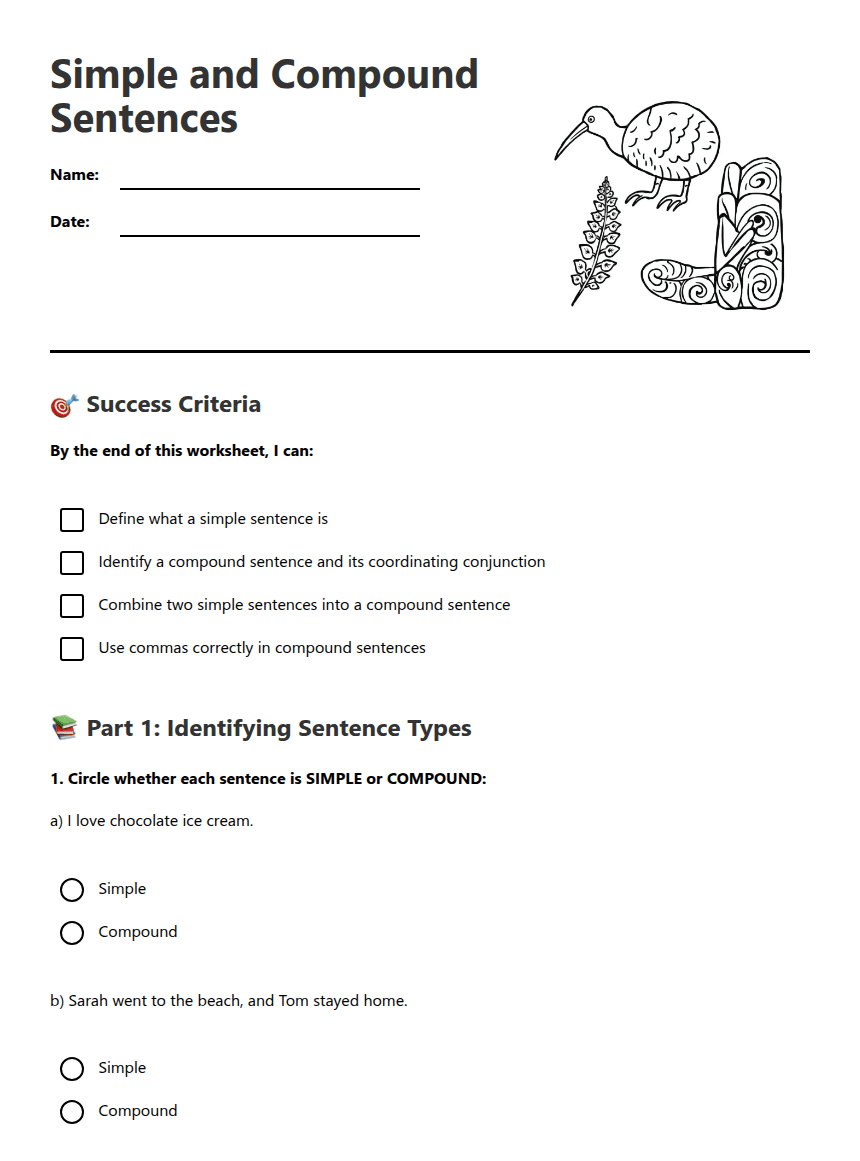 Simple and Compound Sentences worksheet preview