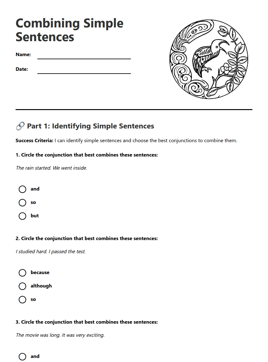 Combining Simple Sentences worksheet preview