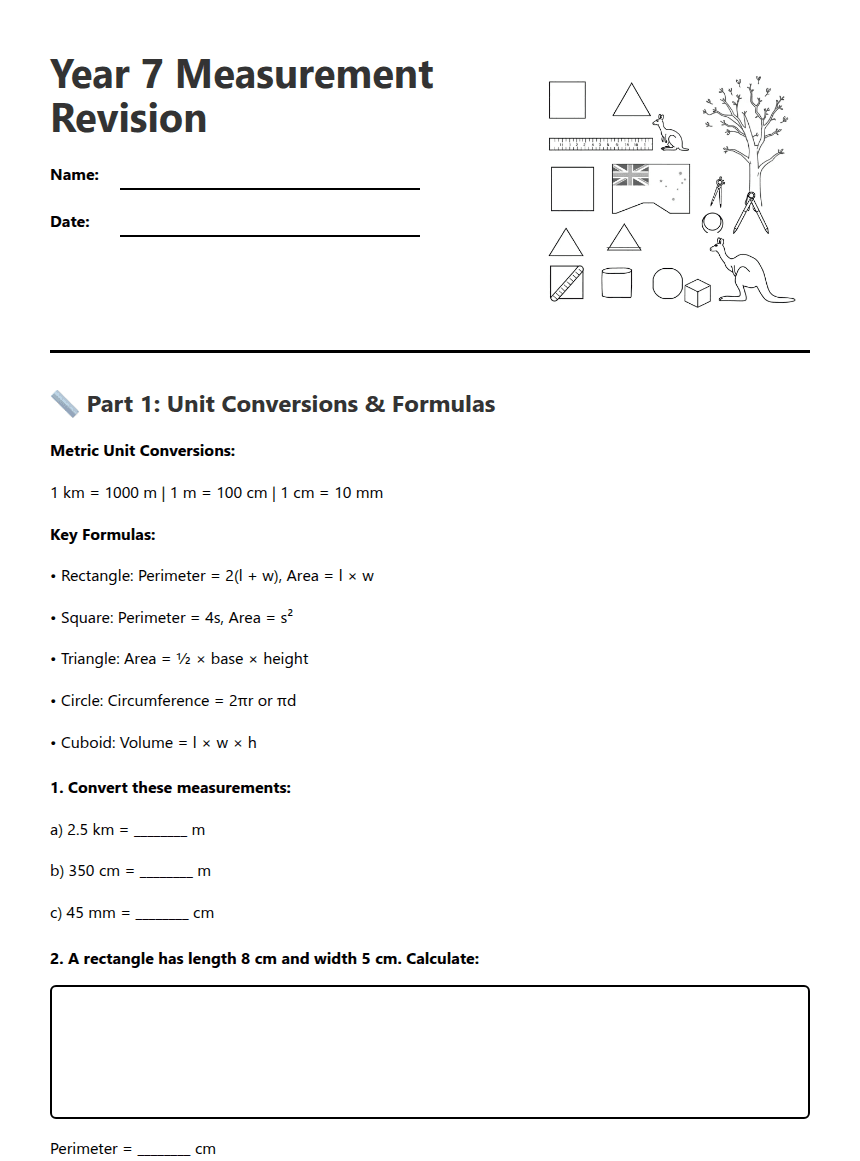 Year 7 Measurement Revision worksheet preview