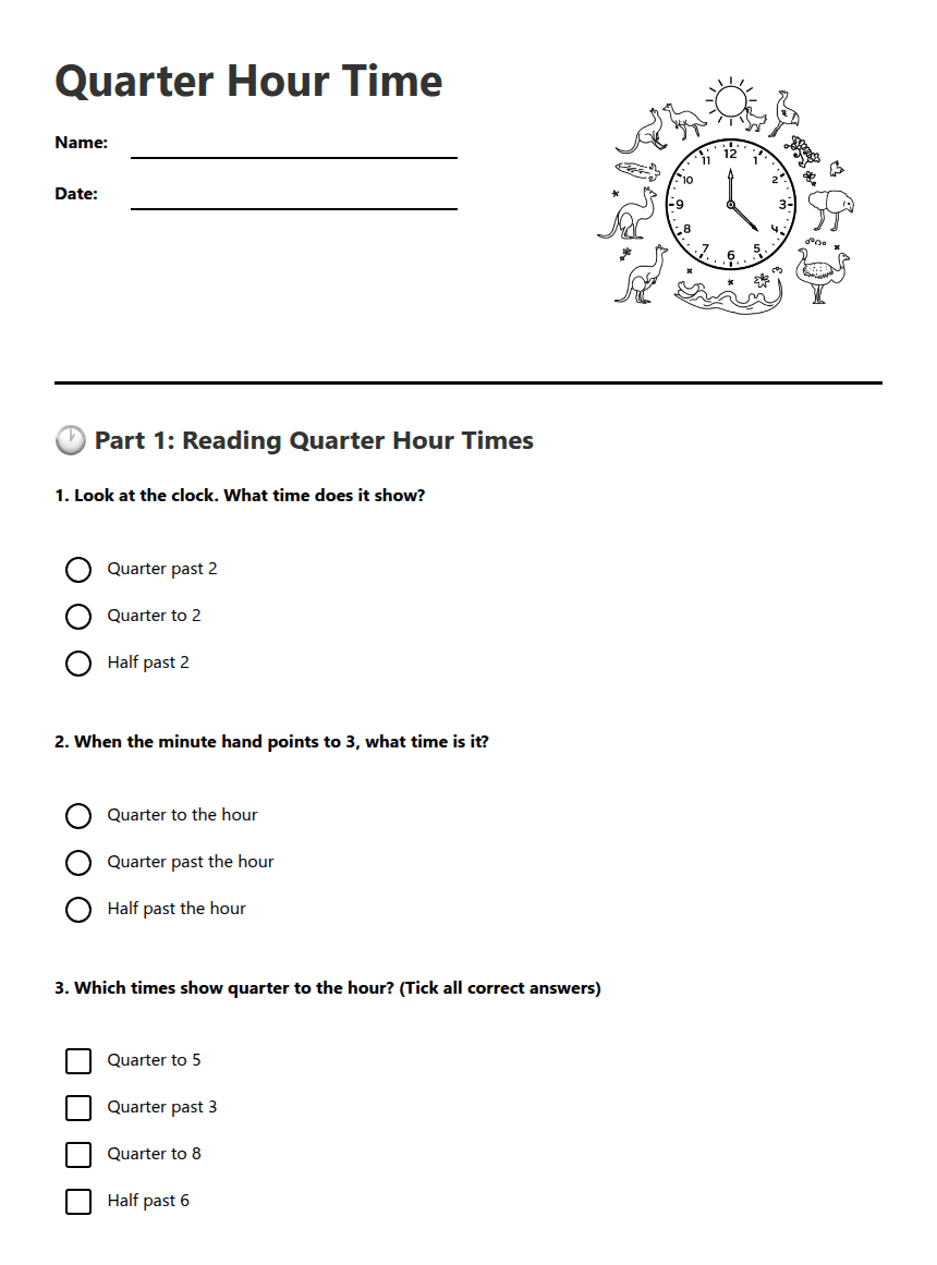 Quarter Hour Time worksheet preview