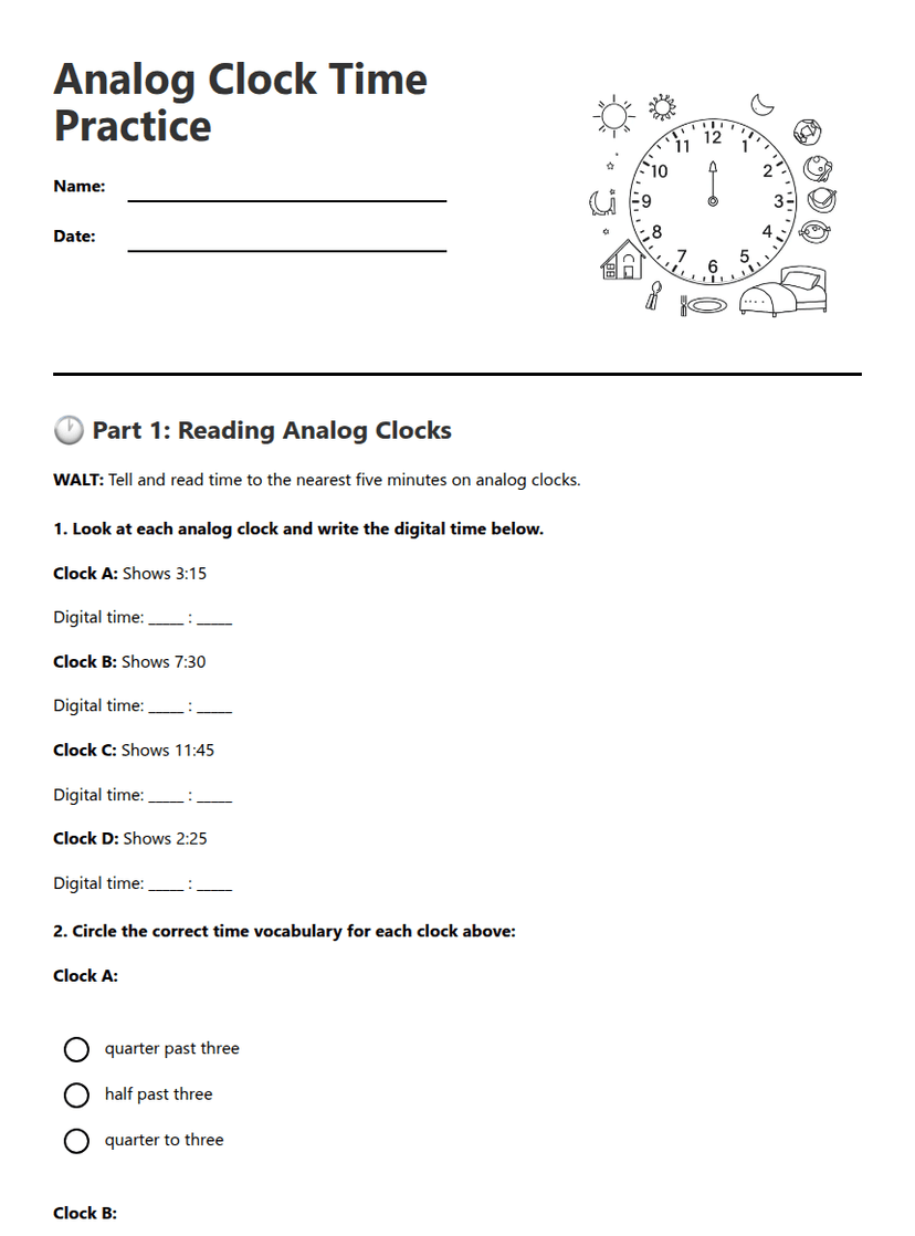 Analog Clock Time Practice