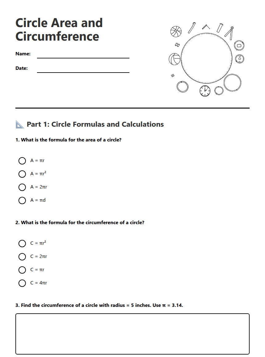 Circle Area and Circumference worksheet preview