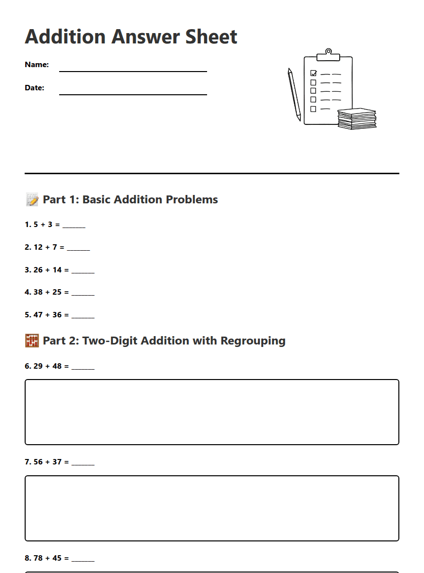 Addition Answer Sheet worksheet preview