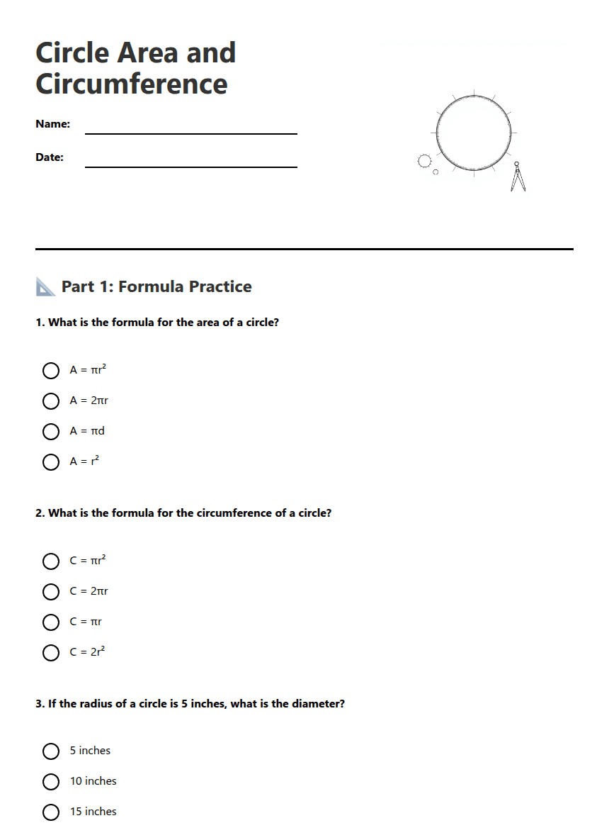 Circle Area and Circumference worksheet preview
