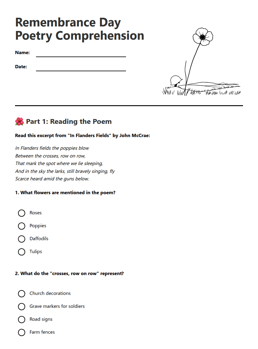 Remembrance Day Poetry Comprehension worksheet preview