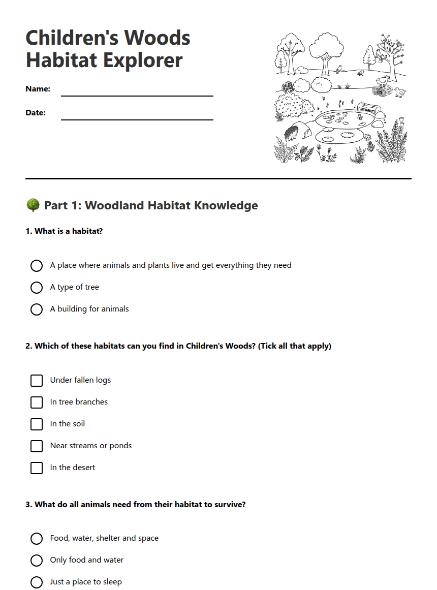 Children's Woods Habitat Explorer worksheet preview