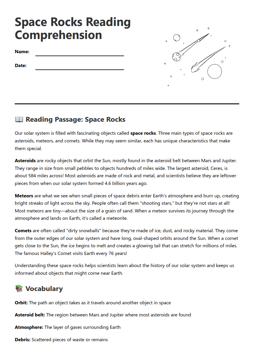 Space Rocks Reading Comprehension worksheet preview