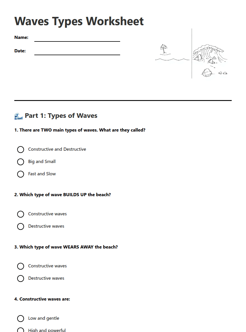 Waves Types Worksheet worksheet preview