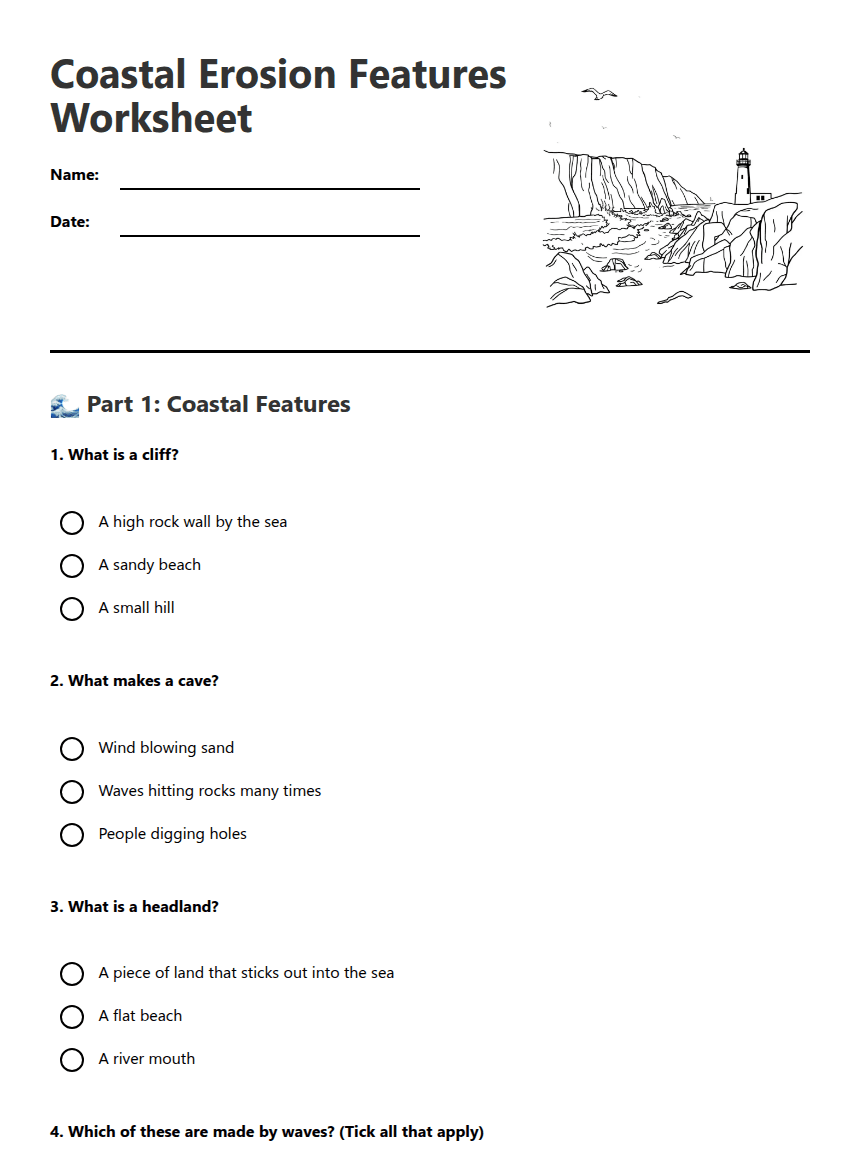 Coastal Erosion Features Worksheet worksheet preview